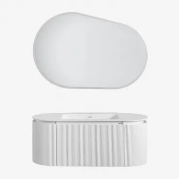 Set Mobili Da Bagno In Legno Carsone Con Lavabo Integrato Bianco & Sin Mueble Auxiliar & Ovalado Led Y Antivaho (120x80 Cm) Meunier & Senza Rubinetto