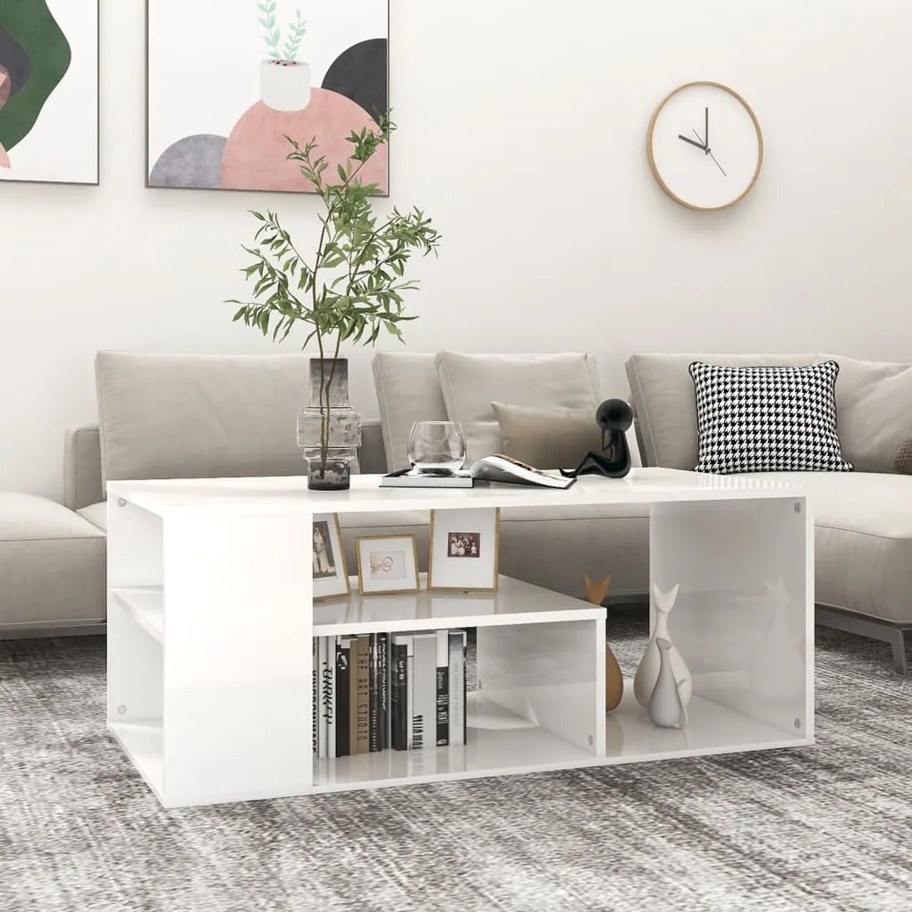 Tavolino Da Salotto Bianco Lucido 100x50x40cm Legno Multistrato /