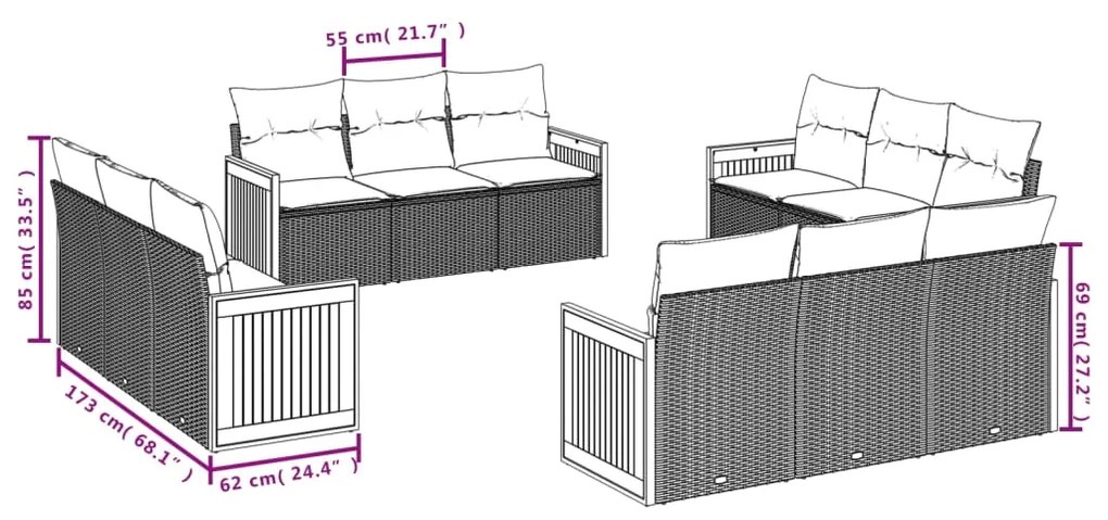 Set Divani da Giardino 12 pz con Cuscini Nero in Polyrattan