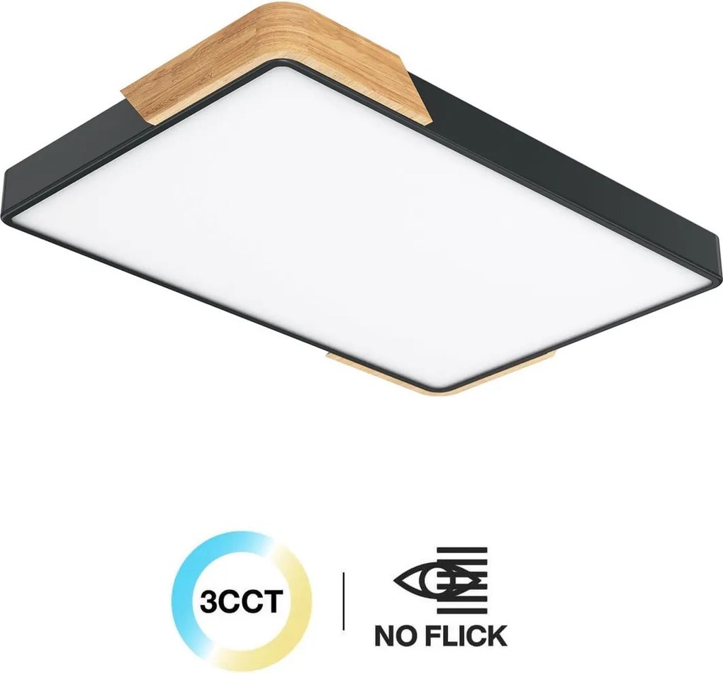 Plafoniera LED Rettangolare 30W CCT 60x40cm Legno/Nero