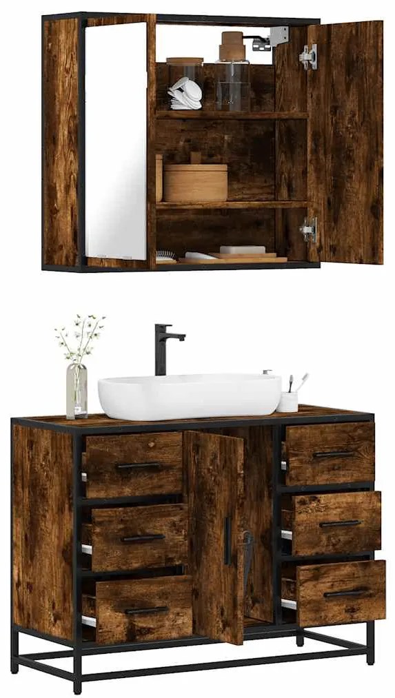 Set Mobili Da Bagno 2 Pz Rovere Fumo İn Legno Multistrato /