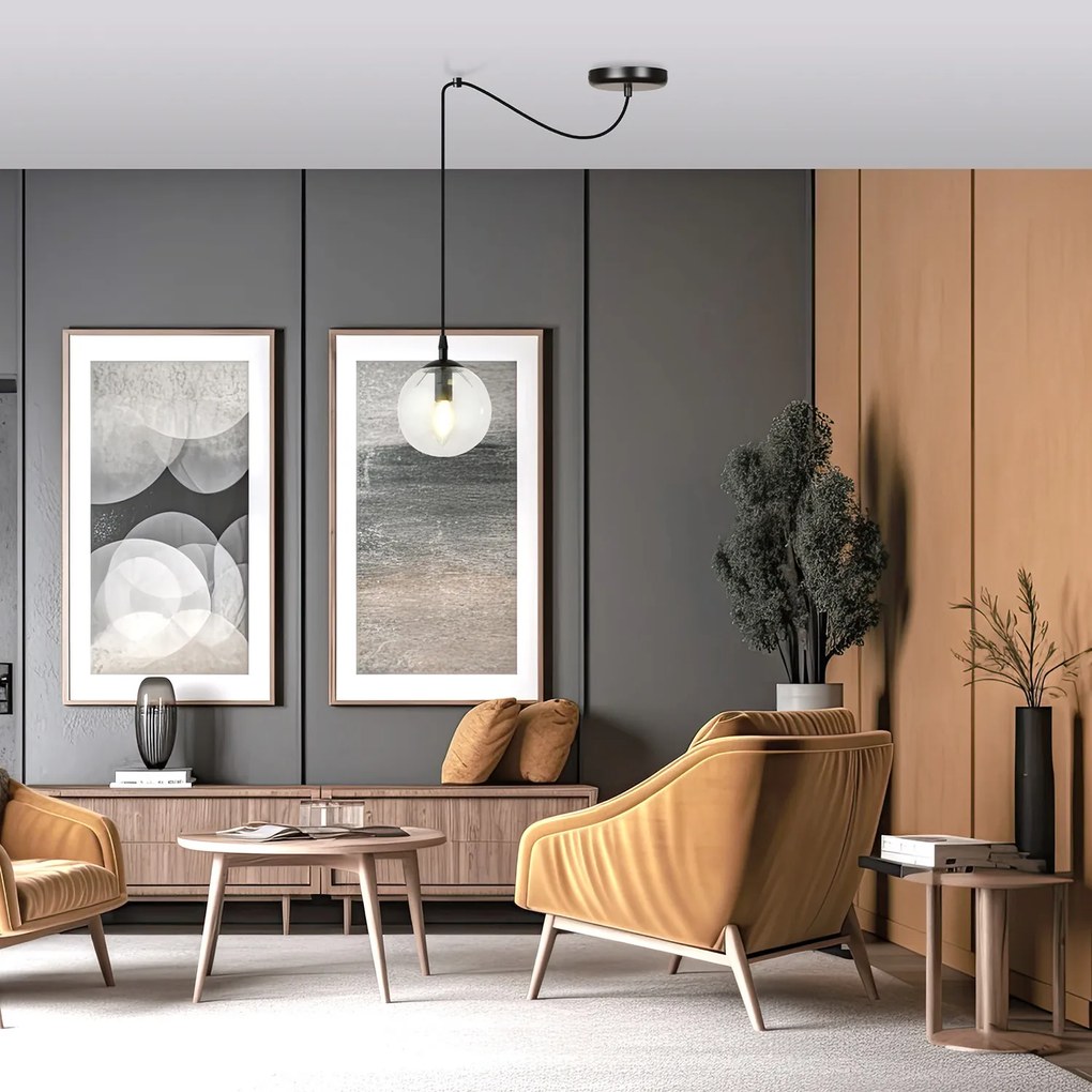 Sospensione 1 Luce Ginevra In Acciaio Nero Con Cavo Lungo E Vetro Trasparente