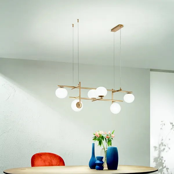 Lampada a sospensione JEWEL in metallo e vetro soffiato 6 Luci 115 cm Oro