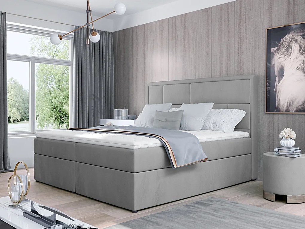 Letto matrimoniale boxspring Cardiff - 160 x 200 cm , Tessuto grigio chiaro grezzo