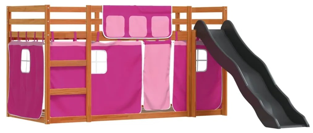 Letto a castello con scivolo e tende rosa 90x200 cm