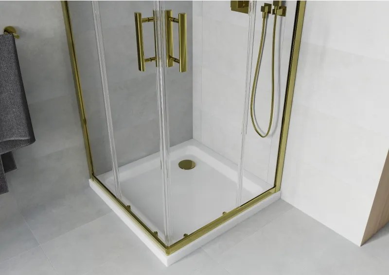 Mexen Rio cabina doccia quadrata 90 x 90 cm, trasparente, oro + piatto Flat, bianco - 860-090-090-50-00-4010G