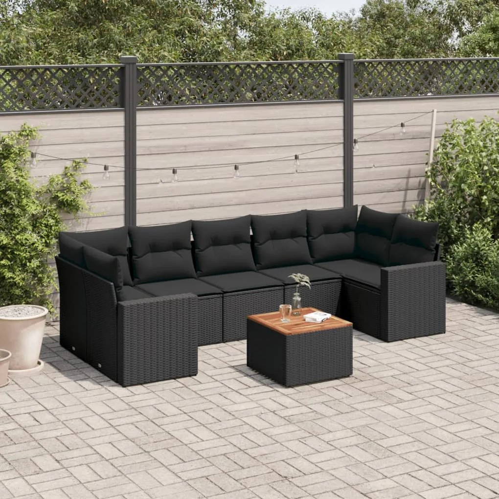 Set divani da giardino con cuscini 8 pz nero in polyrattan