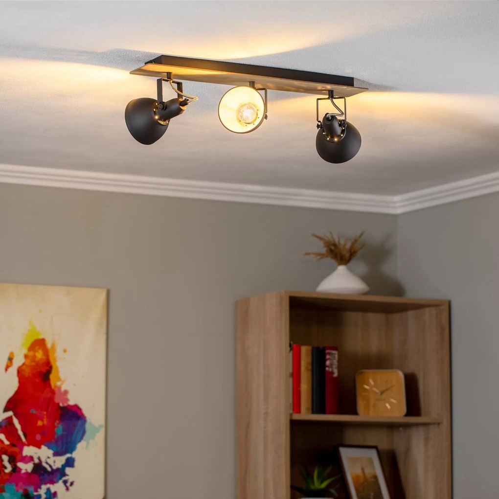 Lindby plafoniera Aylis, a 3 luci, 60 cm, nero, legno, E14 Aylis Lindby, dimmerabile, Legno scuro, Soggiorno / Sala da pranzo, Metallo, Industriale, Faretto