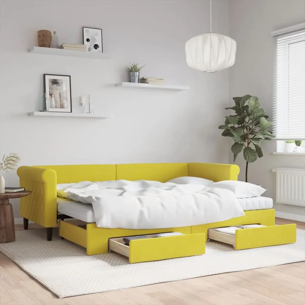 Divano Letto Estraibile Con Cassetti Giallo 80x200cm İn Velluto /