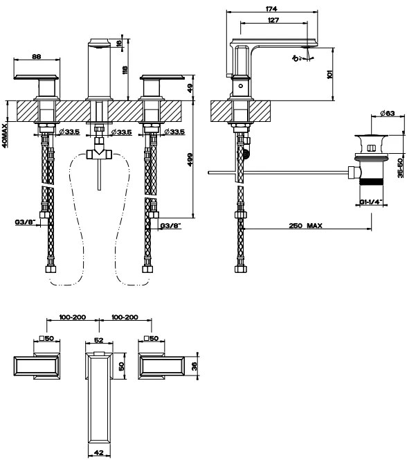 Gruppo Lavabo Tre Fori Con Bocca quadra e Piletta Eleganza 46012 Gessi