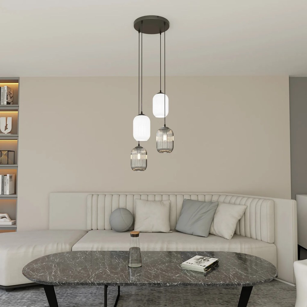 Lampadario 4 Luci Selene Base Tonda Acciaio Nero Vetri Plissettati Bianco E Fumè