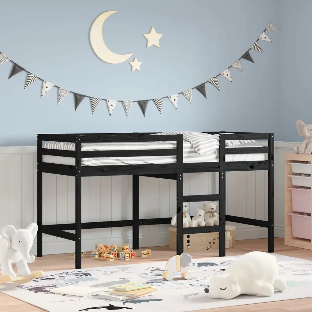 Letto soppalco con scala bambini nero 80x200cm massello pino