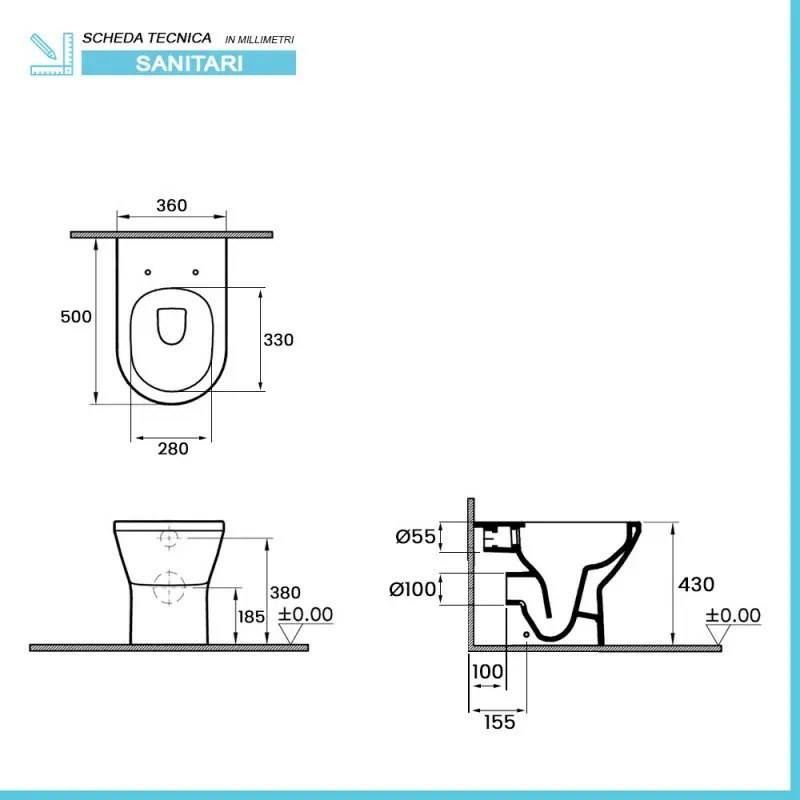 Wc filomuro senza brida bianco lucido con scarico universale Itaca