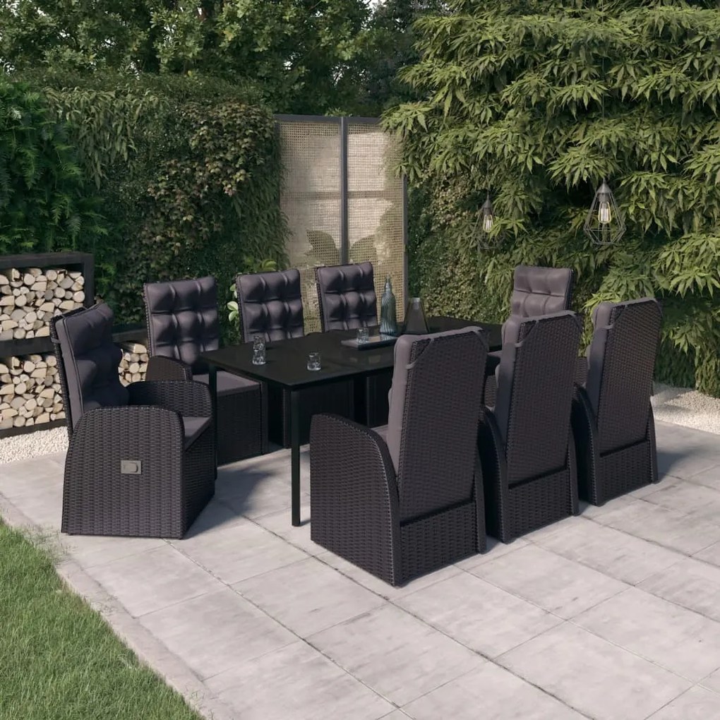 Set da pranzo da giardino 9 pz con cuscini nero
