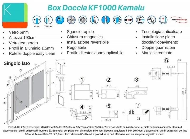 Kamalu - Box doccia tre lati 70x80x70 doppio scorrevole vetro opaco anticalcare KF1000