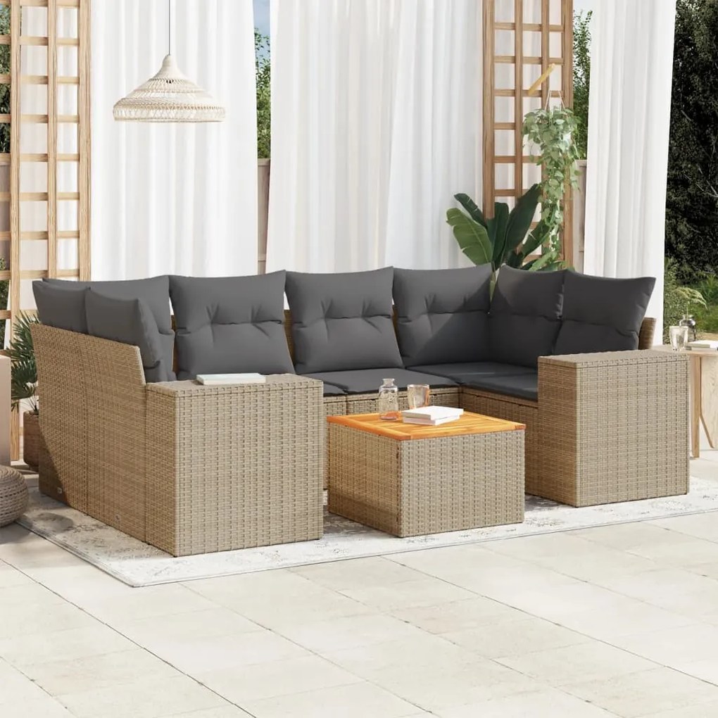 Set divani da giardino 7 pz con cuscini beige in polyrattan