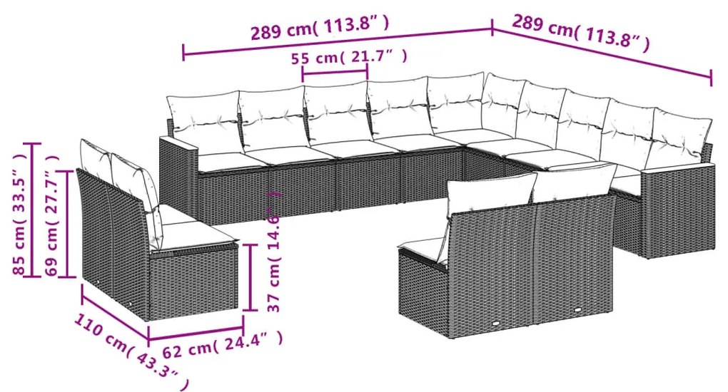 Set divano da giardino 13 pz con cuscini beige in polyrattan