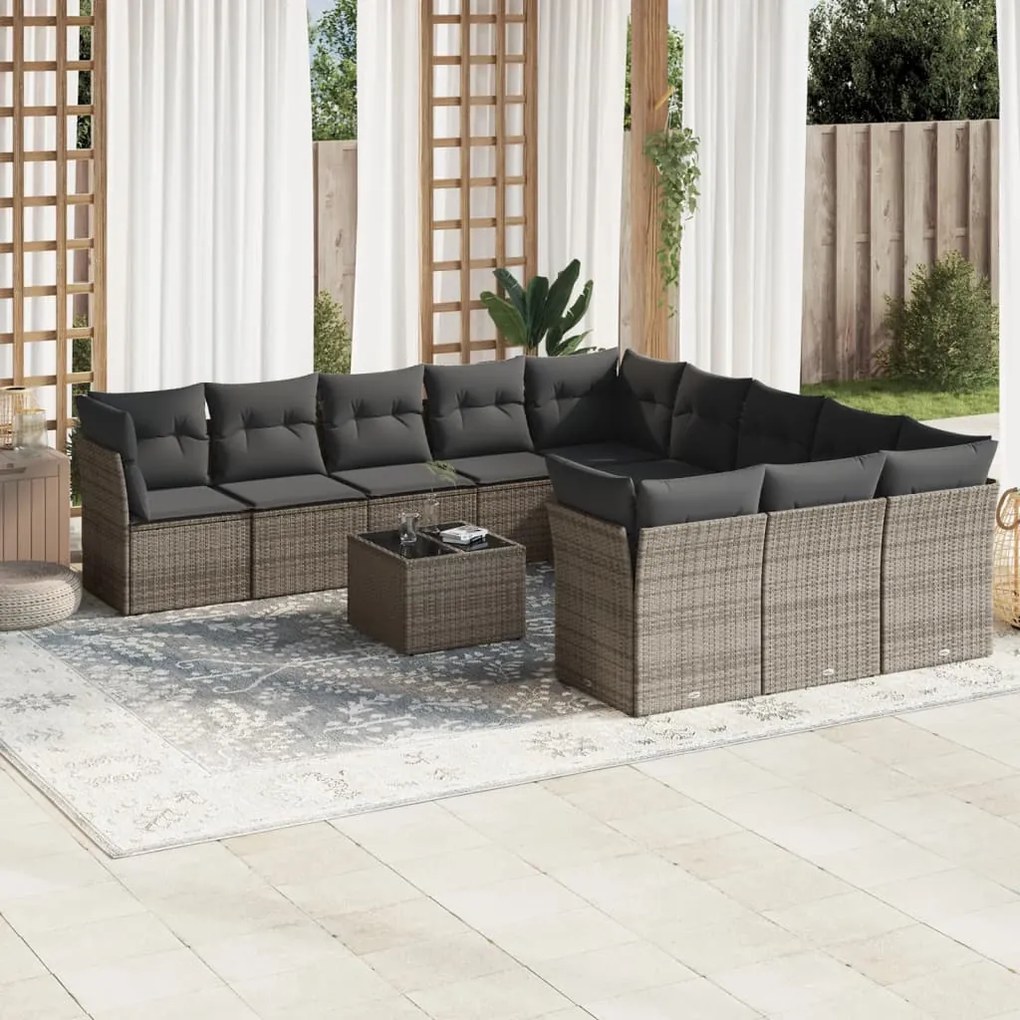 Set divani da giardino 12 pz con cuscini grigio in polyrattan