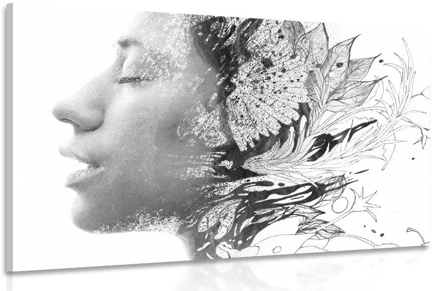 Stampa su tela – Donna con fiori dipinti in bianco e nero