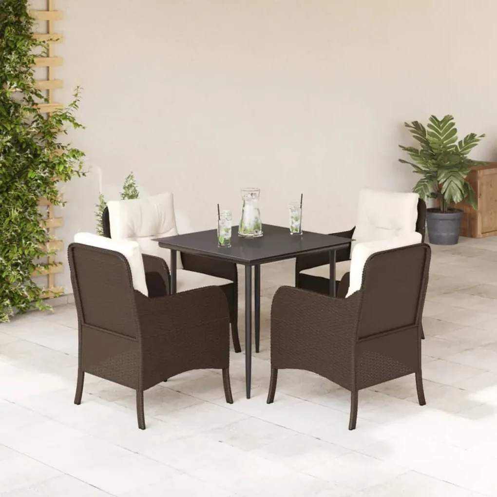 Set da pranzo da giardino 5pz con cuscini in polyrattan marrone