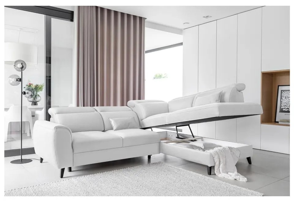 Divano angolare bianco allungabile/con contenitore (con penisola a destra/a L) e rivestimento in velluto Noble – ELTAP