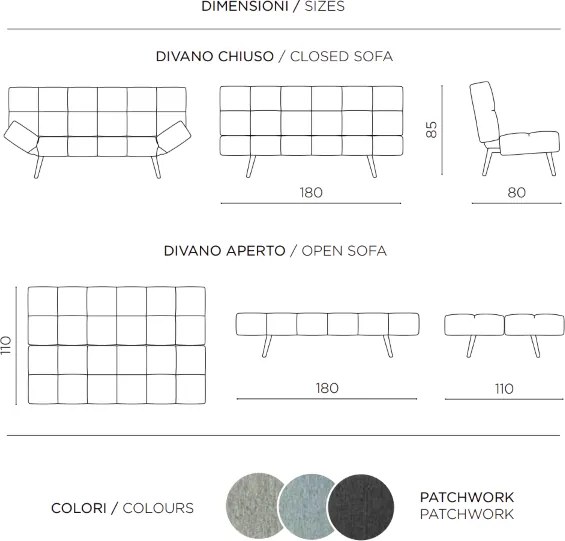 Divano in tessuto PATCHWORK 180 cm trasformabile in letto ELISIR