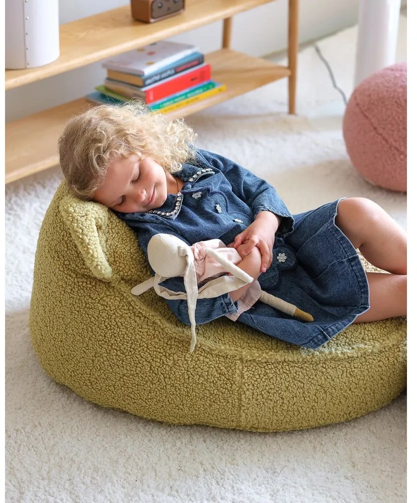 Pouf a sacco per bambini verde con rivestimento in bouclé Bear – Wigiwama