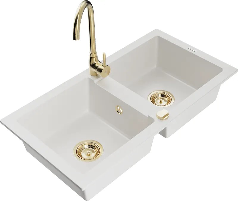 Mexen Mario lavello da cucina in granito a 2 vasche con rubinetto Telma, bianco - 6504-20-670200-50