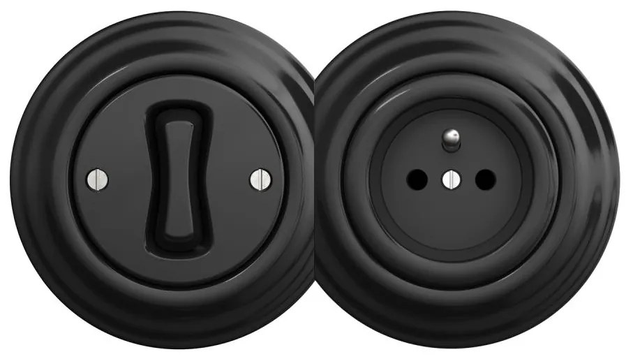 Kliklap - Interruttore unipolare retrò n. 1 e presa 230 V con placca, nero