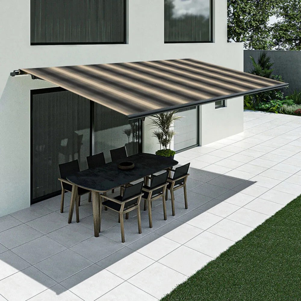 Tenda da sole beige-nero a righe, modello Basic senza cassonetto, 2400 x 1500 mm, con manovella, configurazione individuale