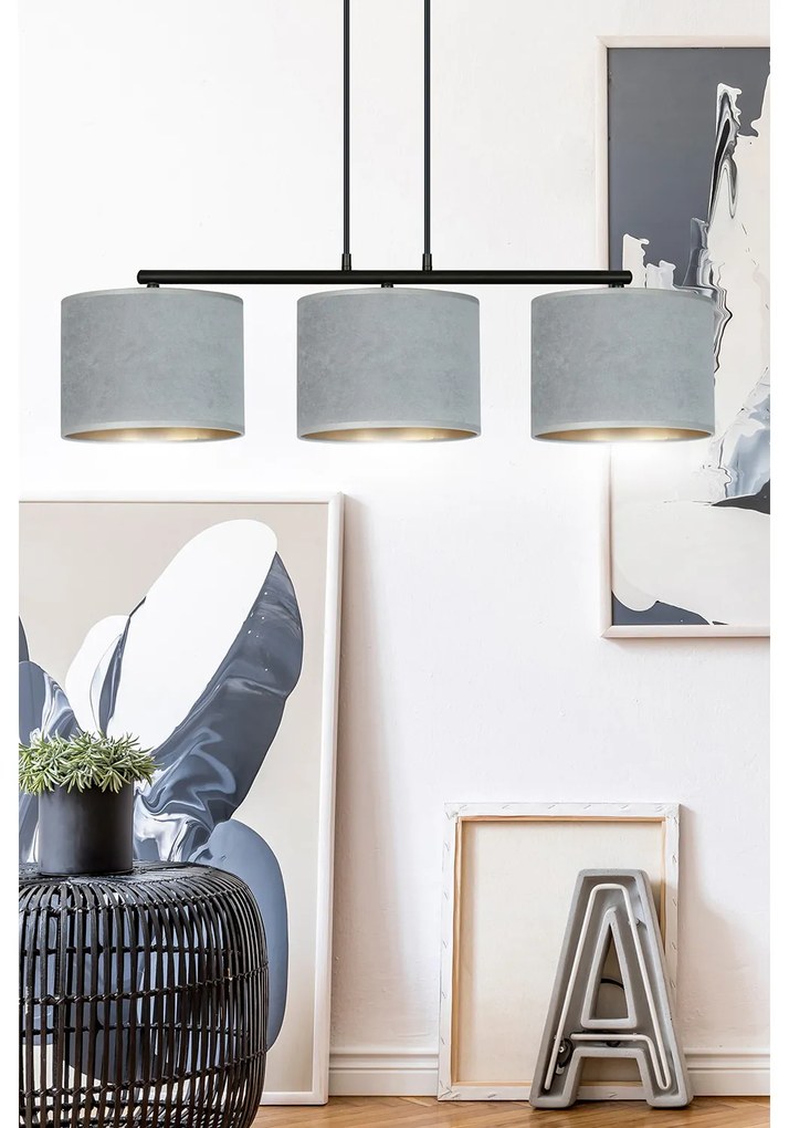 Lampadario 3 Luci Ganesha In Acciaio Nero E Paralumi In Tessuto Grigio