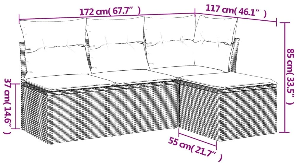 Set divano da giardino 4pz con cuscini grigio chiaro polyrattan