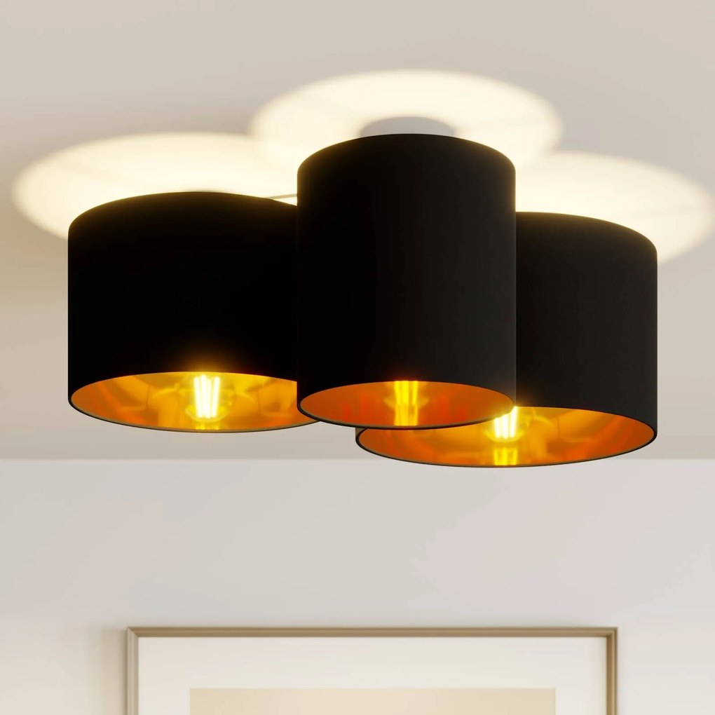 Plafoniera Lindby Laurenz, a 3 luci, nero/oro, tessile