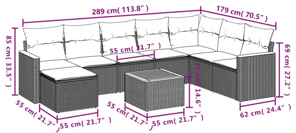 Set Divani da Giardino 9 pz con Cuscini Nero in Polyrattan