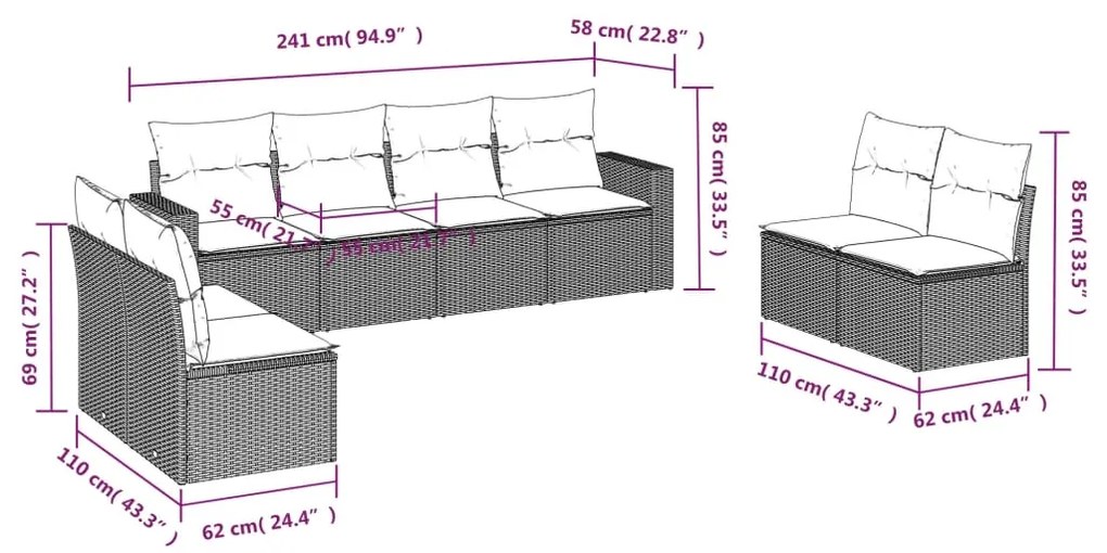 Set divano da giardino 8pz con cuscini grigio chiaro polyrattan