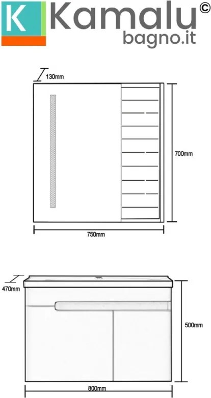 Kamalu - Mobile bagno 80 cm lavabo integrato e specchio contenitore | KAM-NS80