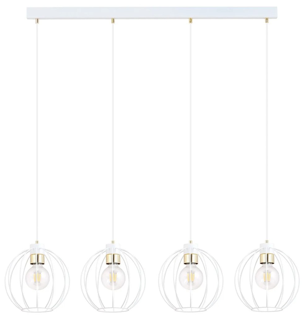 Sospensione Industrial 4 Luci Gino In Acciaio Bianco A Paralumi Gabbia Con Oro