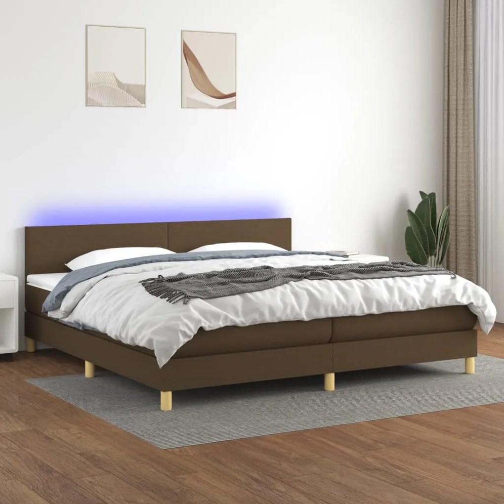 Letto a Molle Materasso e LED Marronescuro 200x200cm in Tessuto