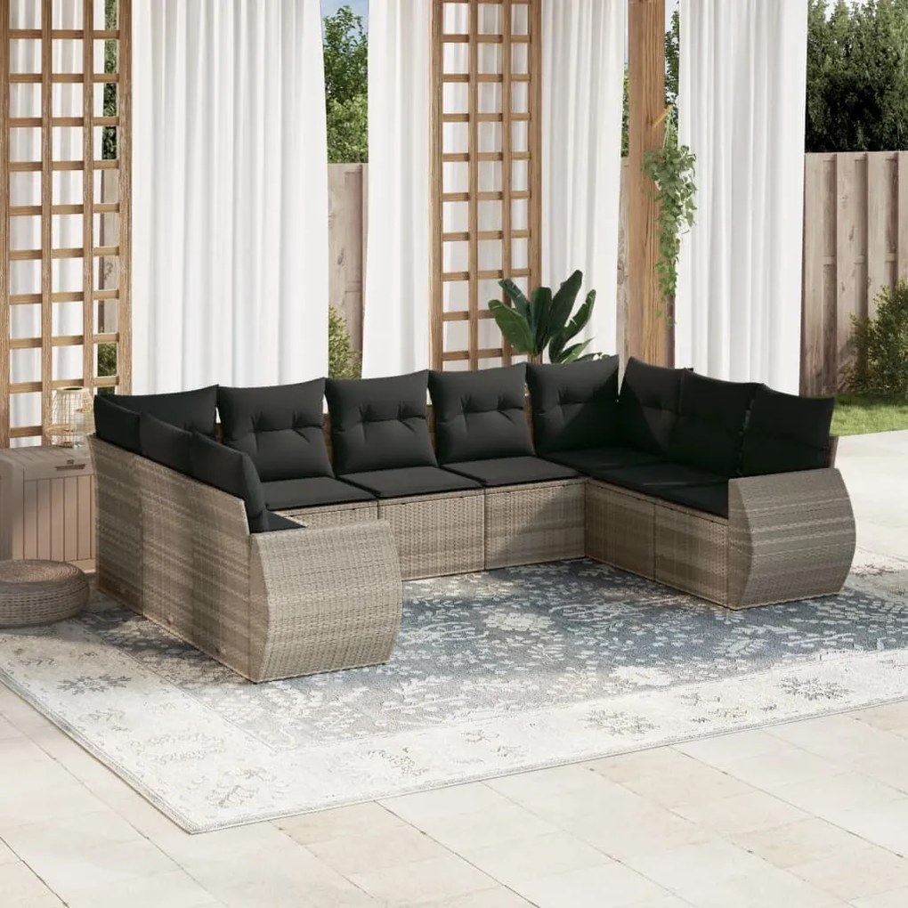 Set divano da giardino 9pz con cuscini grigio chiaro polyrattan