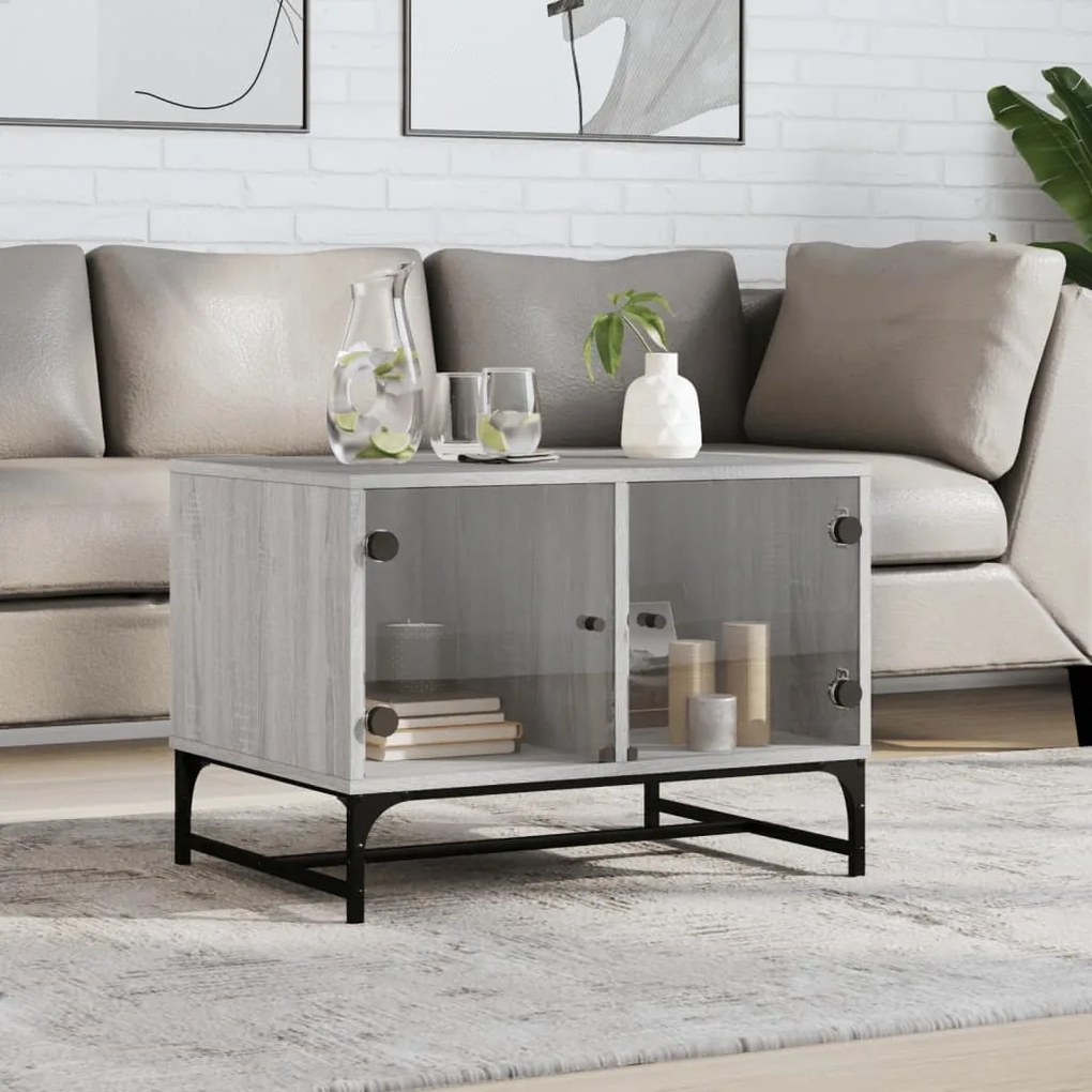 Tavolino Salotto Con Ante İn Vetro Grigio Sonoma 68,5x50x50 Cm /