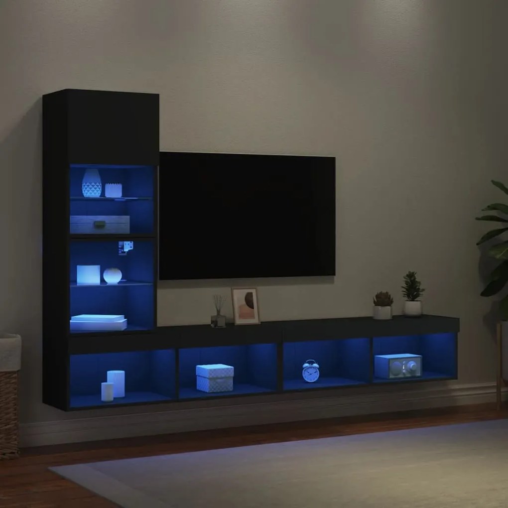 Mobili tv a muro con led 4pz neri in legno multistrato