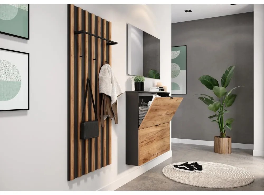 Scarpiera color antracite/di colore naturale con effetto rovere con ante ribaltabili/da parete 100x85x19 cm Renell – Germania