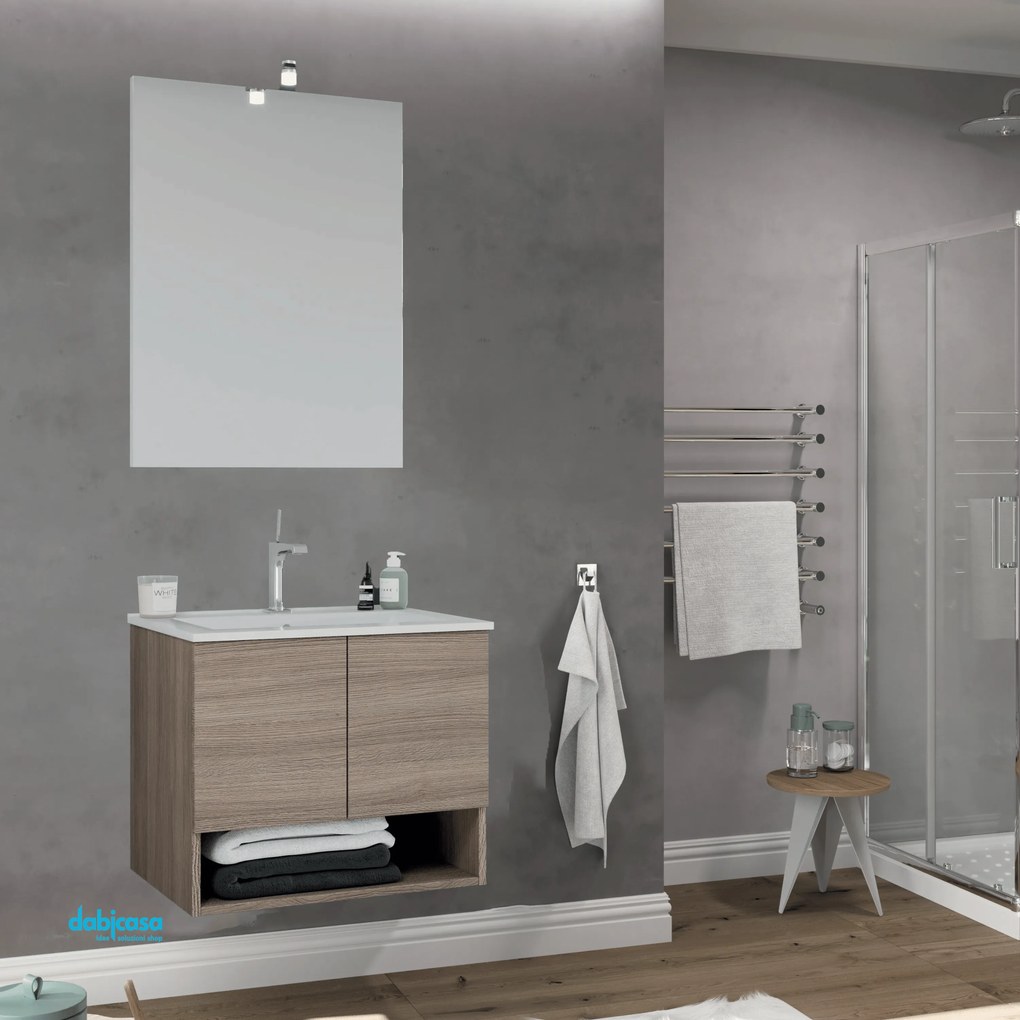 Mobile Bagno Sospeso "Oslo" Da 60 Cm C/Due Ante Ed Un Vano a Giorno In Finitura Rovere Fumo