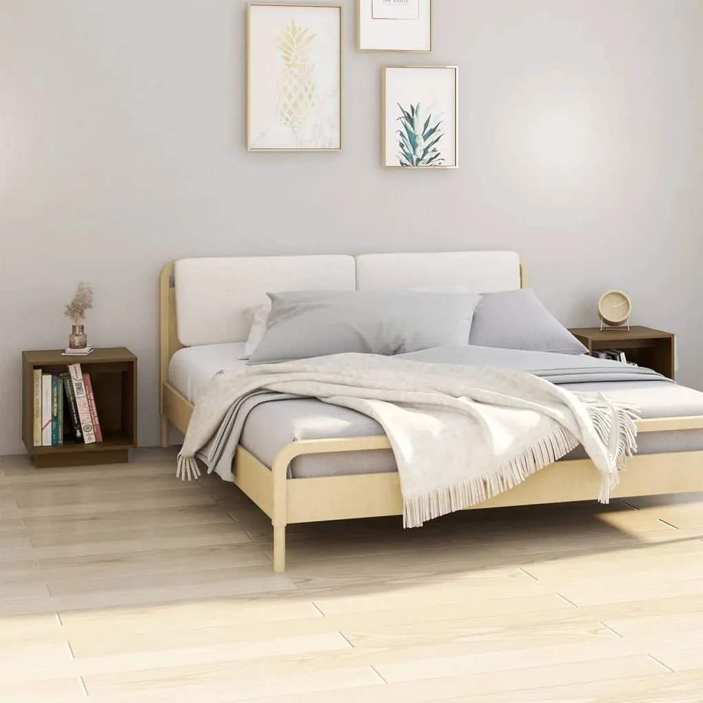 Comodini 2 Pz Ambra 40x30x40 Cm İn Legno Massello Di Pino /