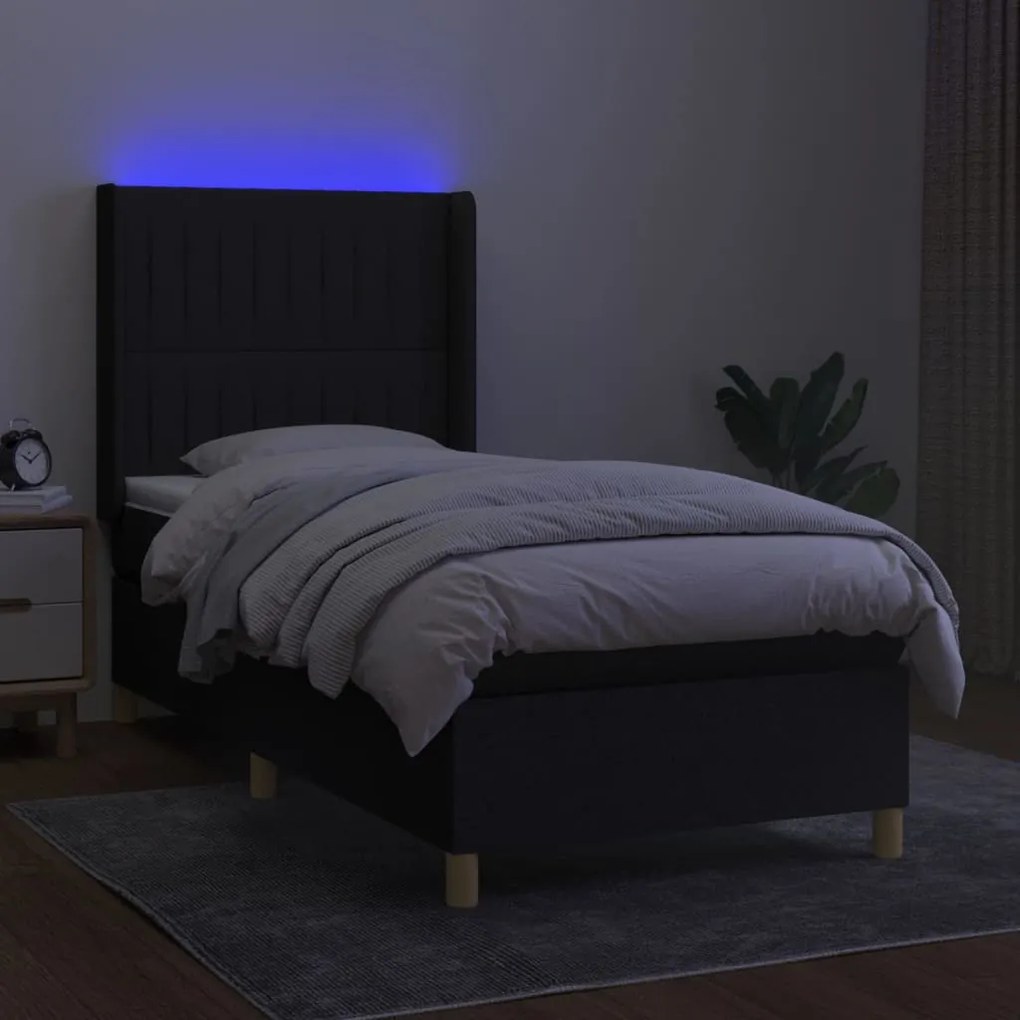 Letto a molle con materasso e led nero 80x200 cm in tessuto