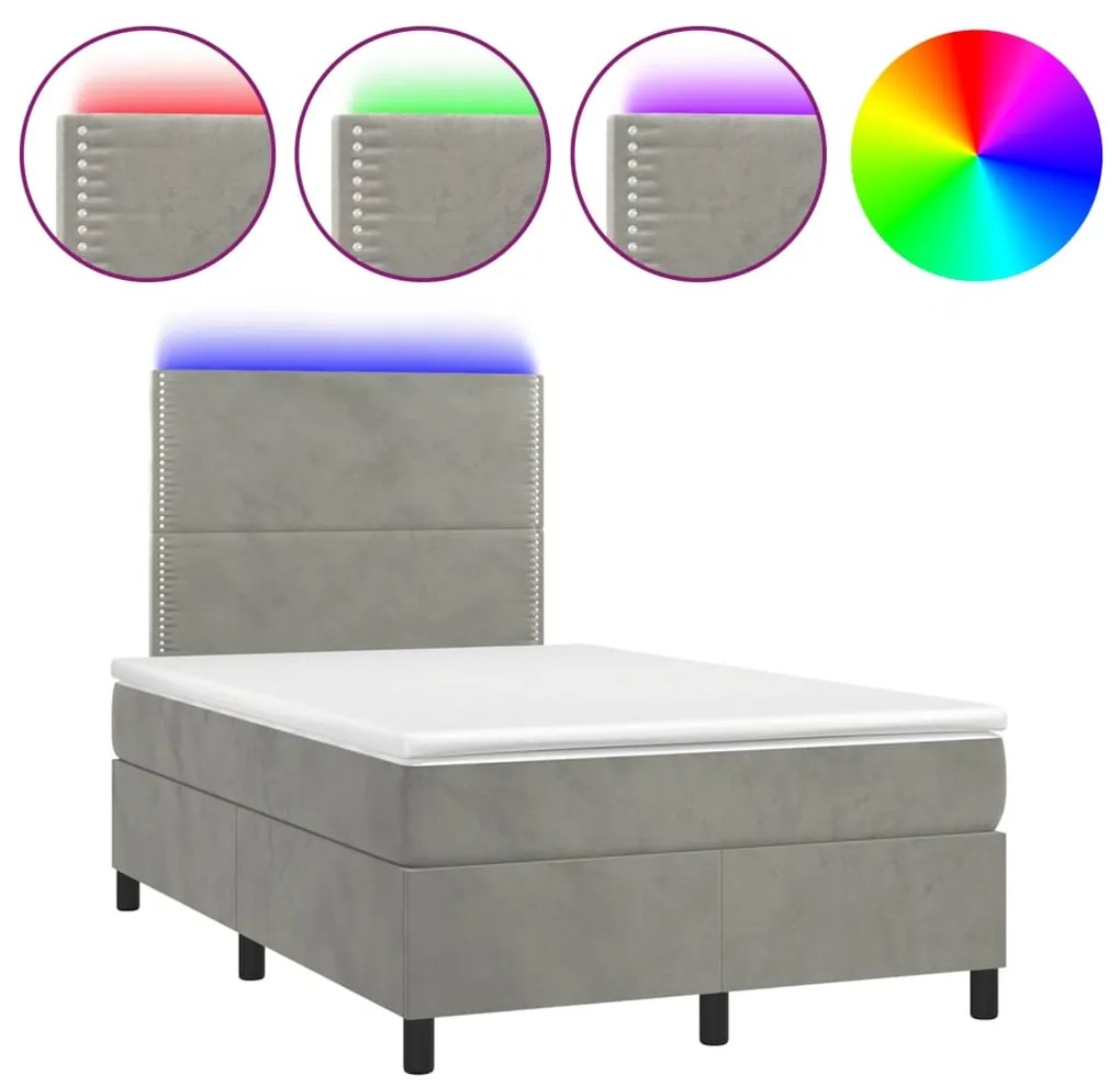 Letto a molle materasso e led grigio chiaro 120x190 cm velluto