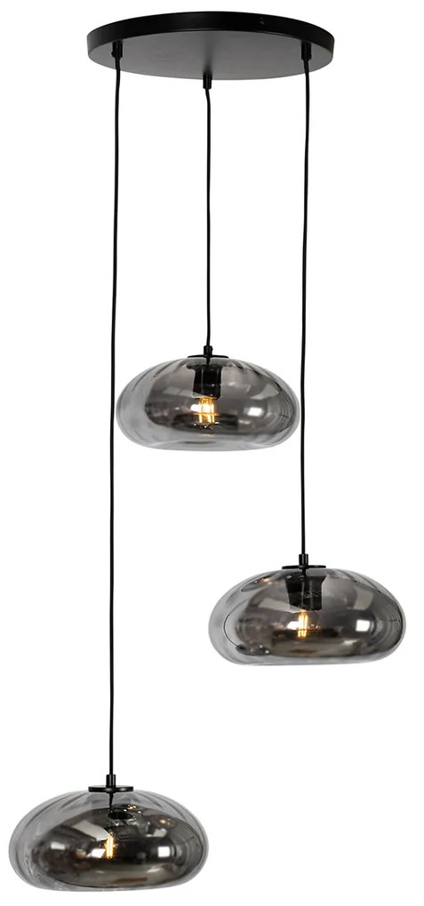 Lampadario Art Déco nero con vetro fumé rotondo 3 luci - Ayesha