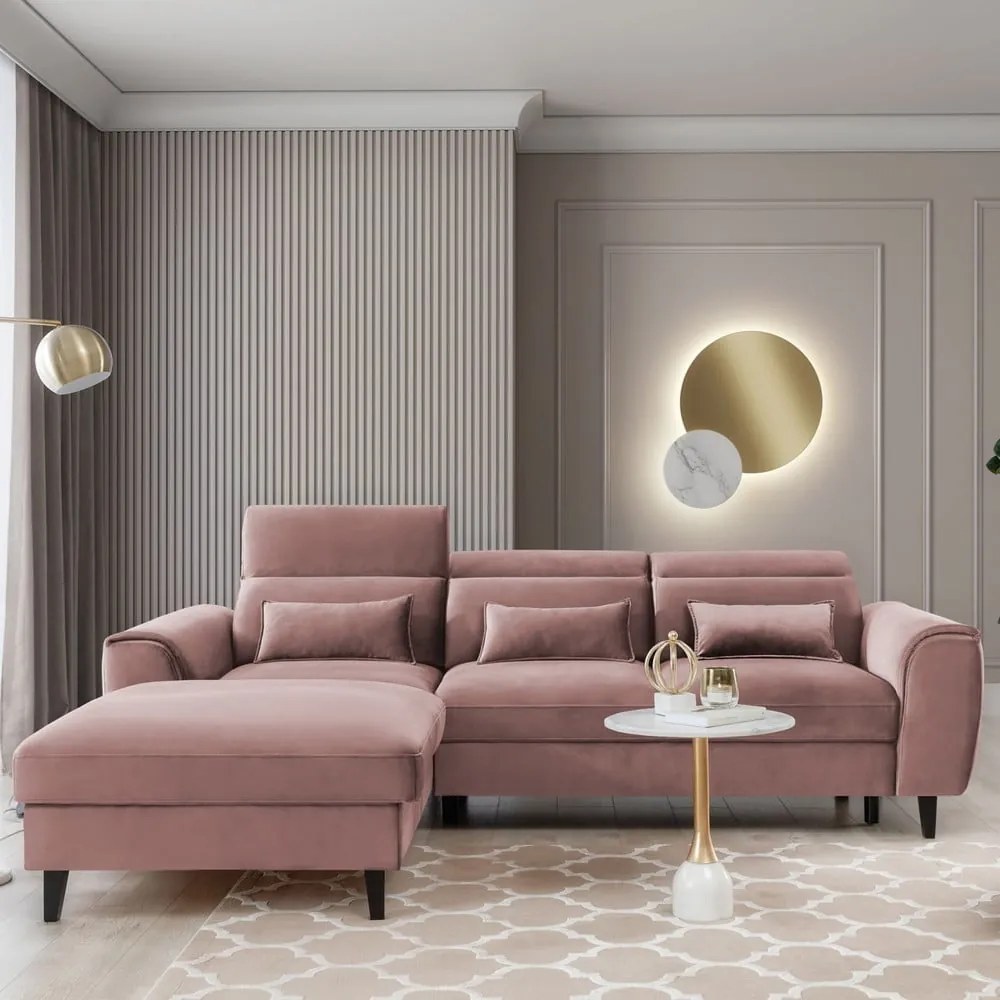 Divano angolare rosa allungabile/con contenitore (con penisola a sinistra/con chaise lounge) e rivestimento in velluto Foble – ELTAP