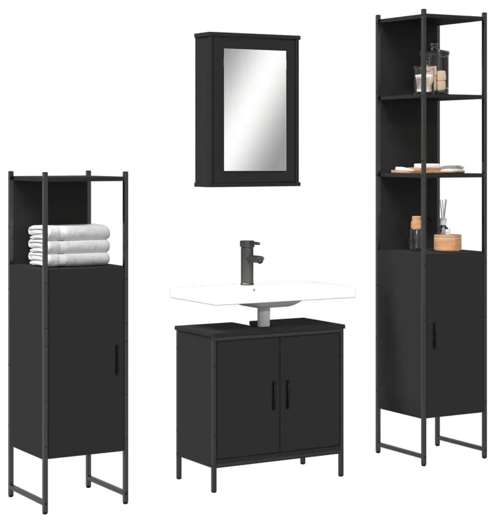 Set Mobili Da Bagno 4 Pz Nero İn Legno Multistrato /