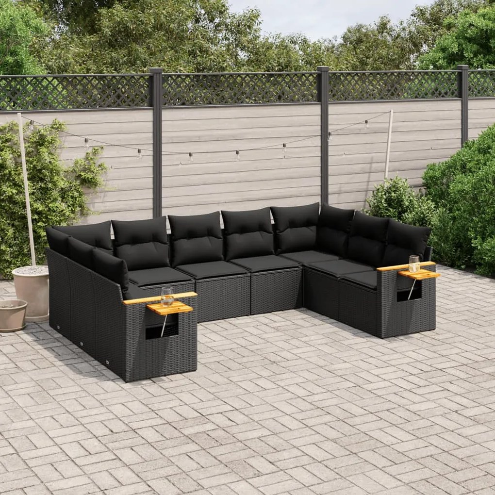 Set divani da giardino 9 pz con cuscini nero in polyrattan